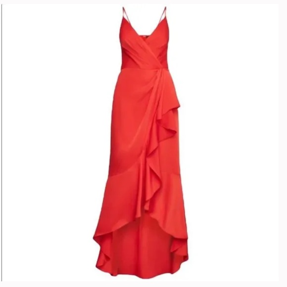 BCBGMAXAZRIA Sleeveless Faux Wrap Ruched Ruffle Asymmetrical High Low Maxi Dress - Picture 2 of 4